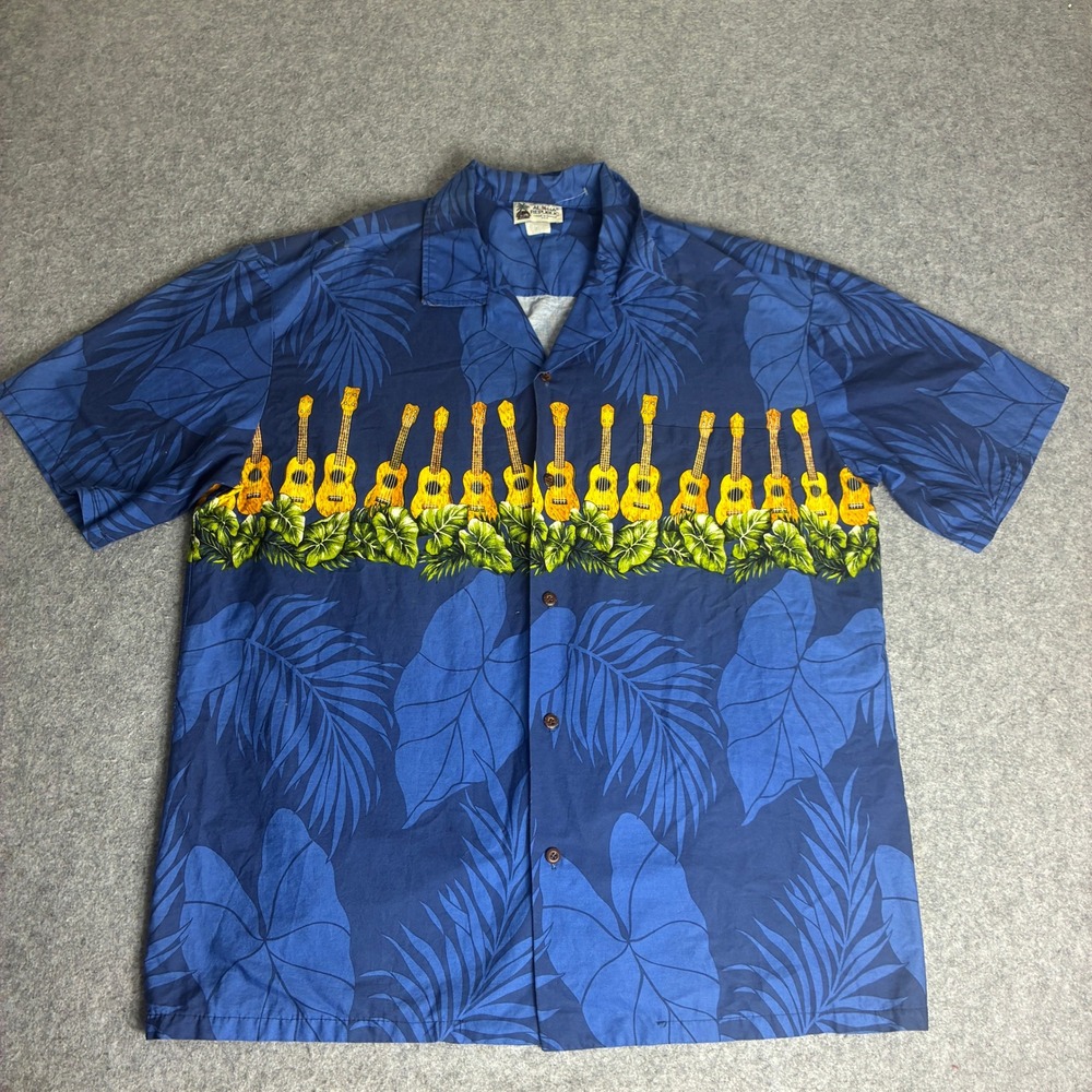Aloha Republic Mens XL Hawaiian Shirt Blue Ukulele Tropical Leaf Made in Hawaii